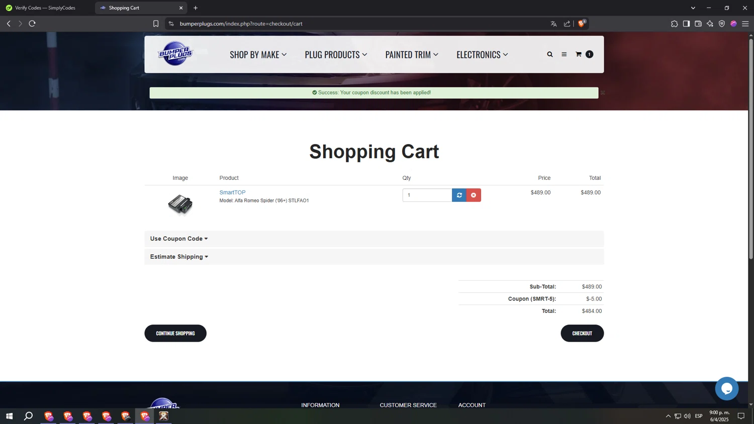 BumperPlugs.com checkout page showing BumperPlugs.com coupon code box | Screenshot taken by SimplyCodes community member on Apr 7, 2025