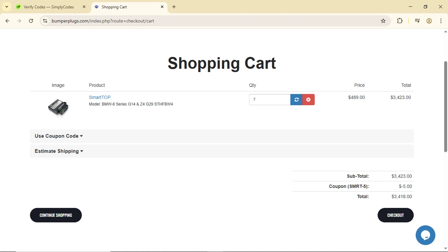 BumperPlugs.com coupon code screenshot showing code SMRT-5 applied at BumperPlugs.com checkout page. Uploaded by SimplyCodes community member Luisitoxd12 on Jun 20, 2025