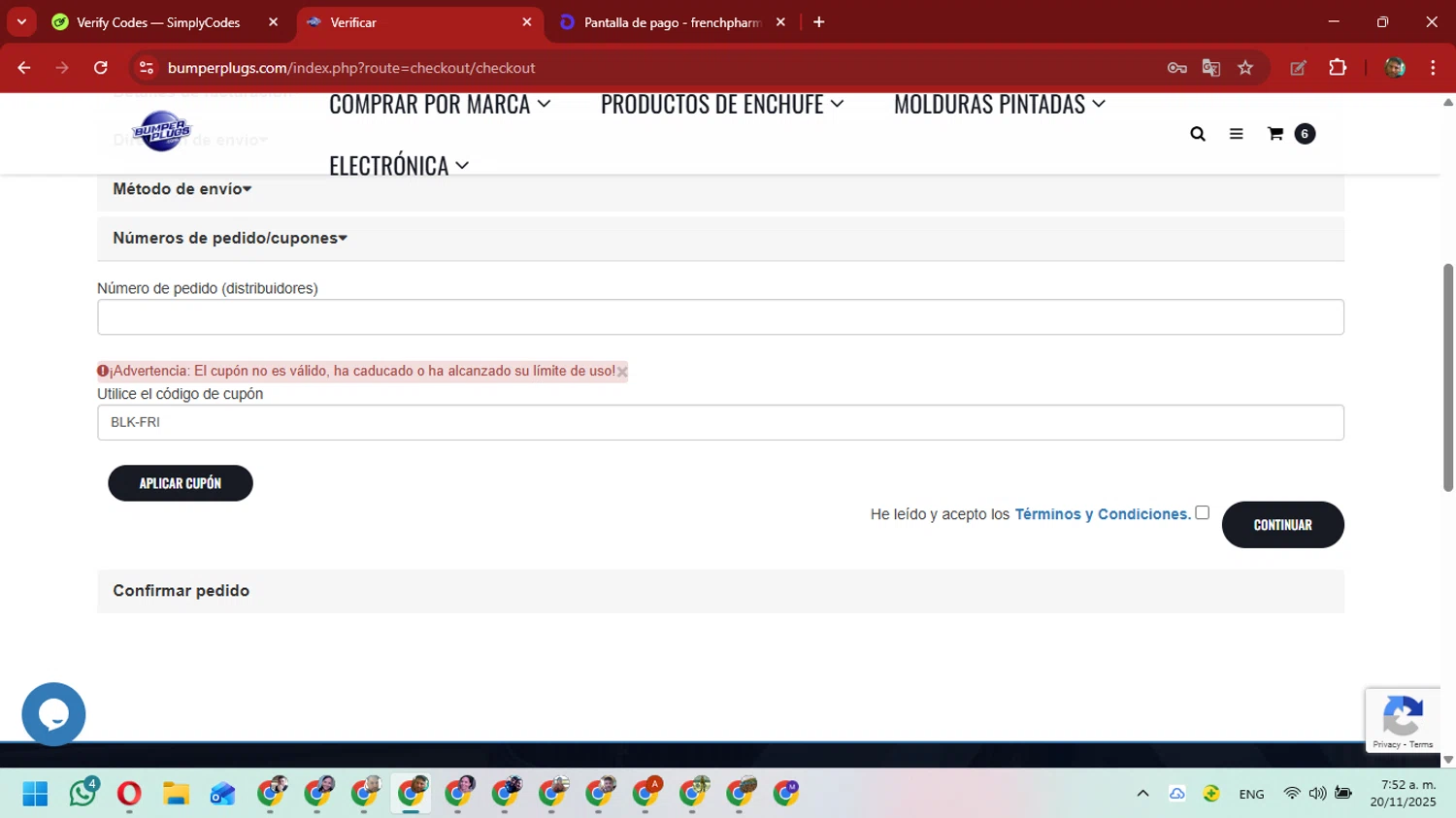 BumperPlugs.com coupon code screenshot showing code BLK-FRI applied at BumperPlugs.com checkout page. Uploaded by SimplyCodes community member David_Gut_Sonic on Nov 20, 2025