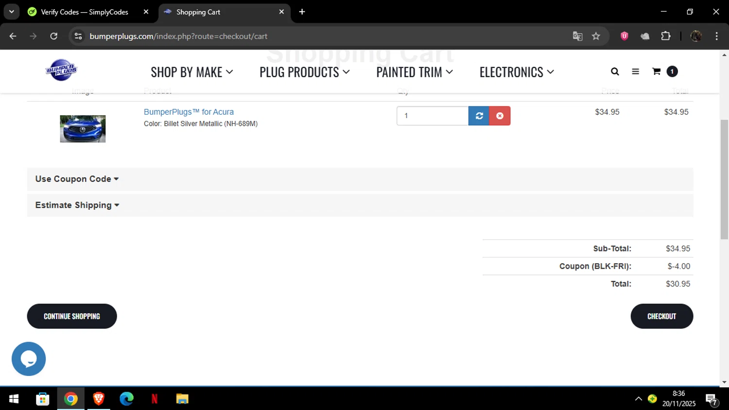 BumperPlugs.com coupon code screenshot showing code BLK-FRI applied at BumperPlugs.com checkout page. Uploaded by SimplyCodes community member Luckystrike on Nov 20, 2025