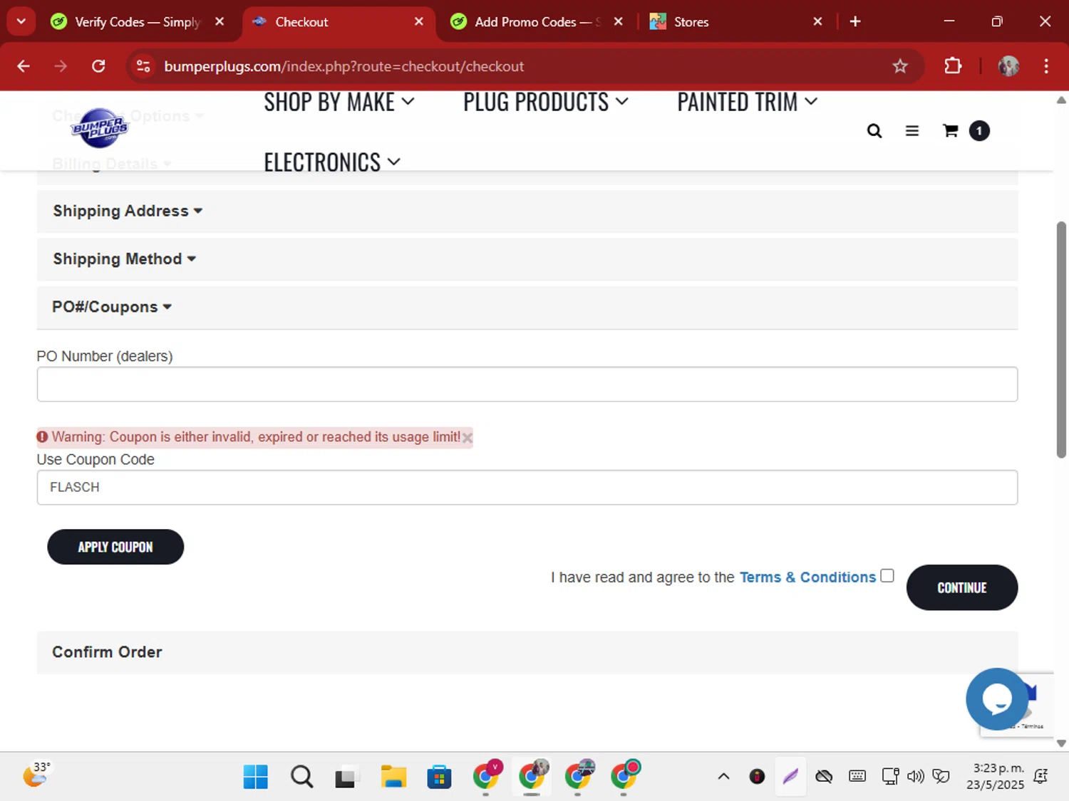 BumperPlugs.com coupon code screenshot showing code FLASCH applied at BumperPlugs.com checkout page. Uploaded by SimplyCodes community member ShrewdSeeker5445 on May 23, 2025