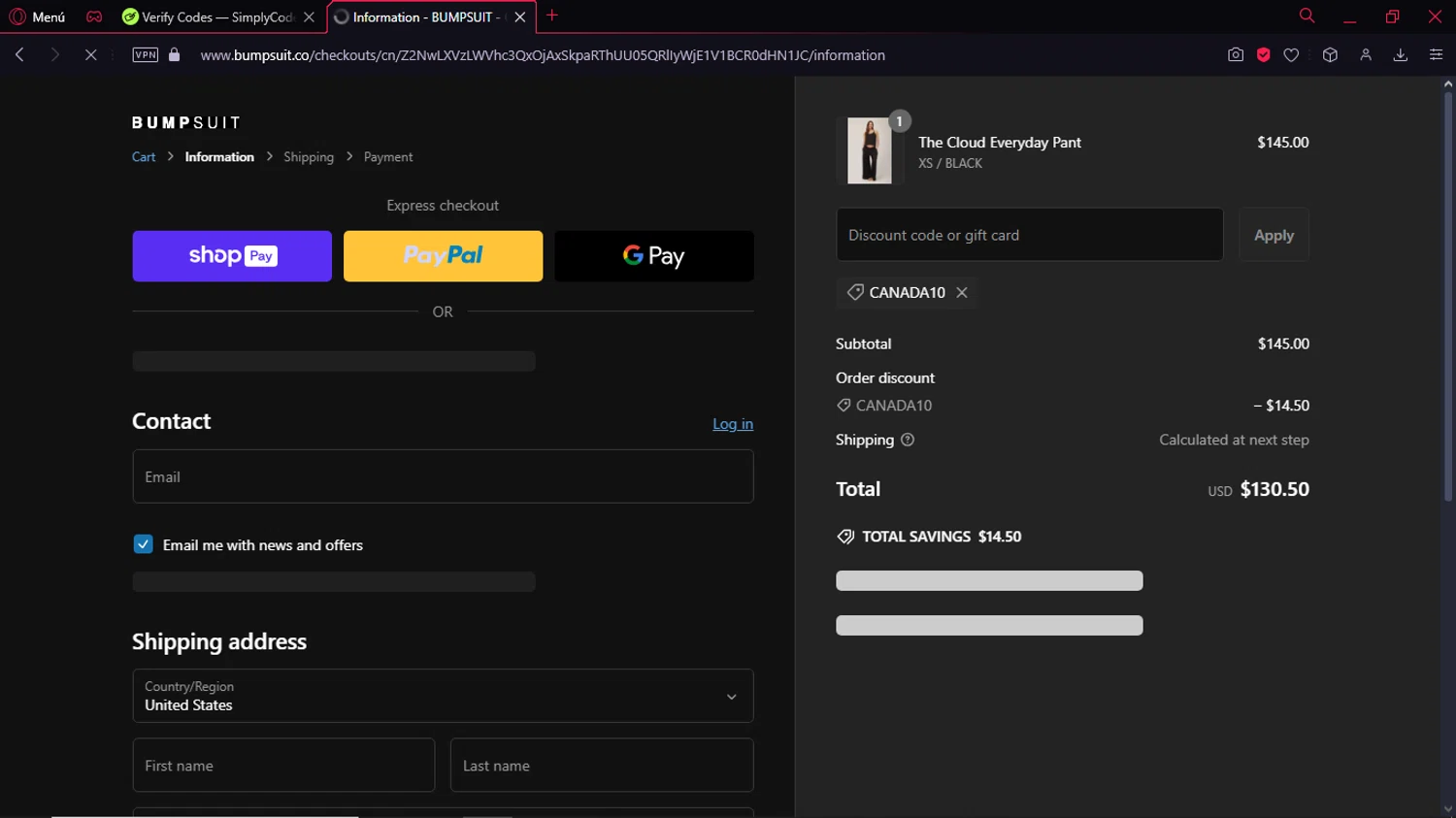 Bumpsuit discount code screenshot showing code canada10 applied at Bumpsuit checkout page. Uploaded by SimplyCodes community member Kei18o on Feb 1, 2025