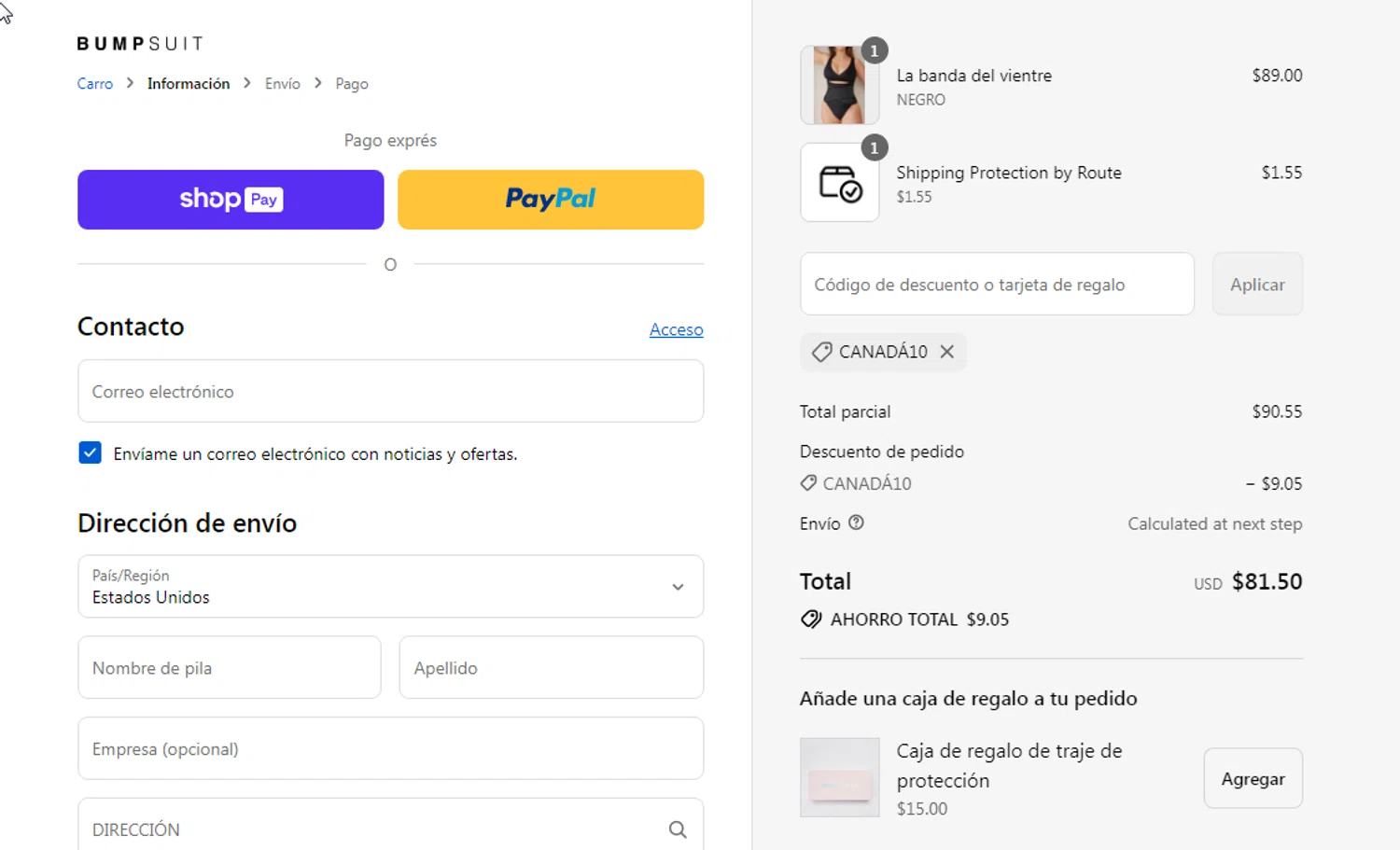Bumpsuit discount code screenshot showing code canada10 applied at Bumpsuit checkout page. Uploaded by SimplyCodes community member cachirulo on Aug 26, 2025