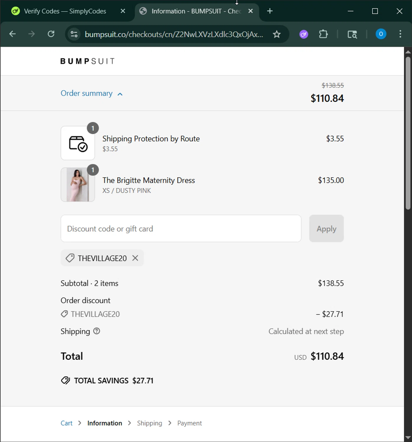 Bumpsuit discount code screenshot showing code thevillage20 applied at Bumpsuit checkout page. Uploaded by SimplyCodes community member _____________ on Jun 11, 2025