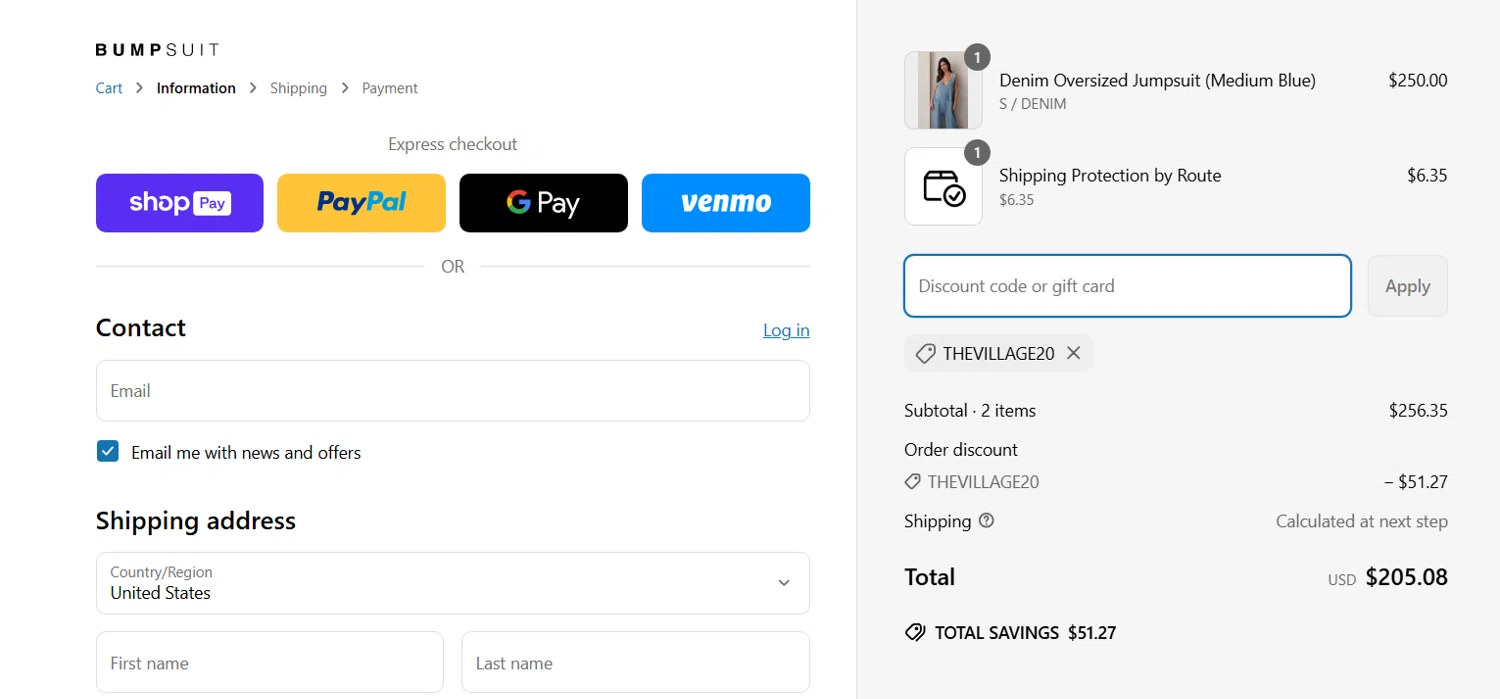 Bumpsuit discount code screenshot showing code thevillage20 applied at Bumpsuit checkout page. Uploaded by SimplyCodes community member NinjaShoyo on Mar 24, 2025
