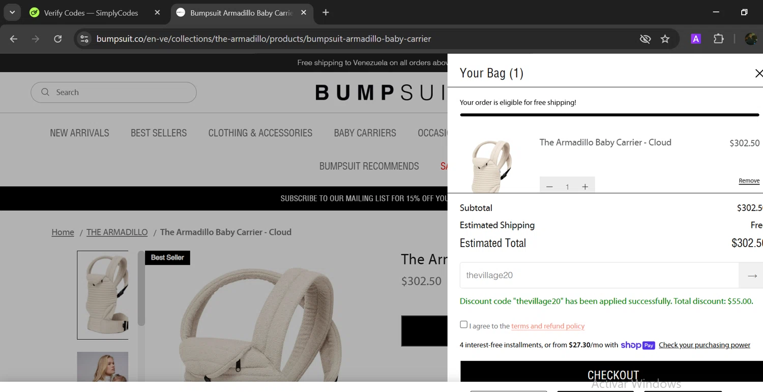 Bumpsuit discount code screenshot showing code thevillage20 applied at Bumpsuit checkout page. Uploaded by SimplyCodes community member GloriousTitan3094 on Mar 7, 2025