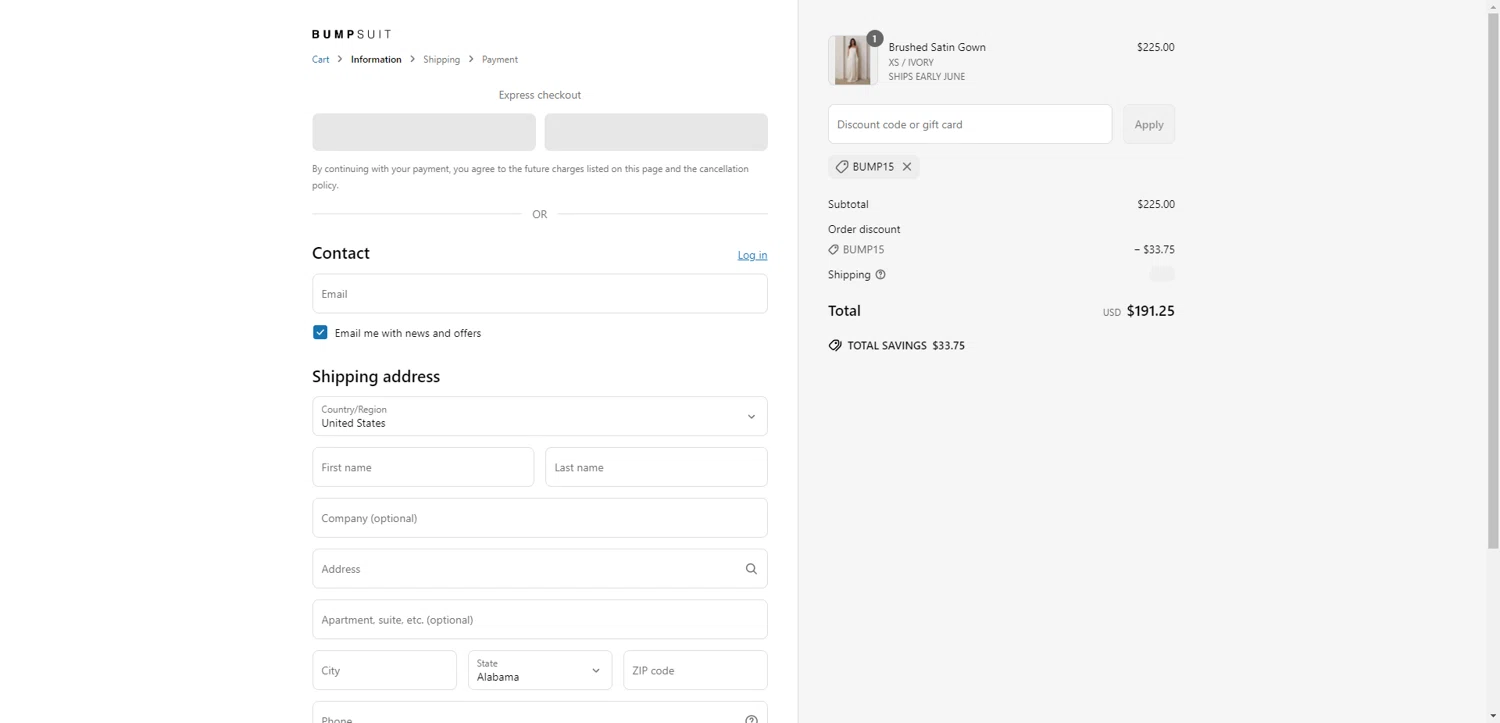 Bumpsuit discount code screenshot showing code BUMP15 applied at Bumpsuit checkout page. Uploaded by SimplyCodes community member TreasureKnight4134 on May 7, 2025