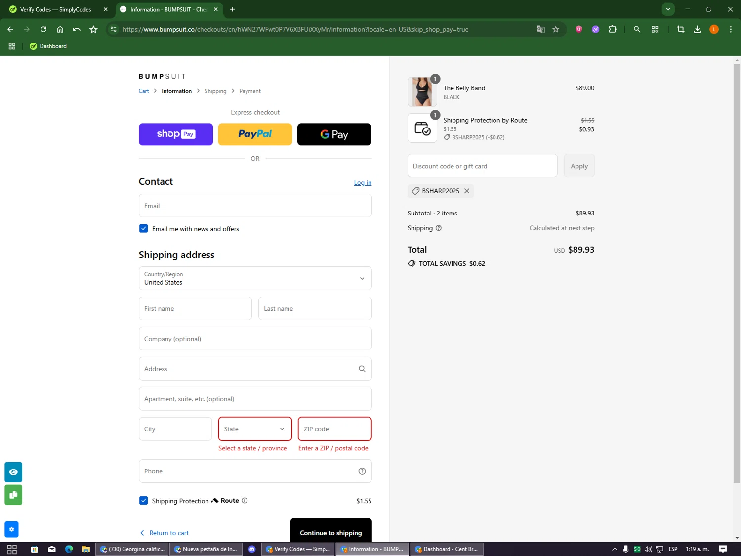 Bumpsuit discount code screenshot showing code BSHARP2025 applied at Bumpsuit checkout page. Uploaded by SimplyCodes community member DealOwl9228 on Aug 23, 2025