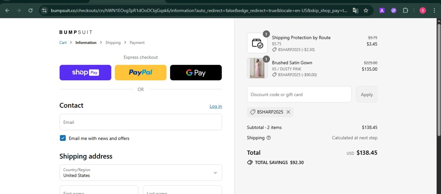 Bumpsuit discount code screenshot showing code BSHARP2025 applied at Bumpsuit checkout page. Uploaded by SimplyCodes community member MoneyFalcon481 on Jul 30, 2025