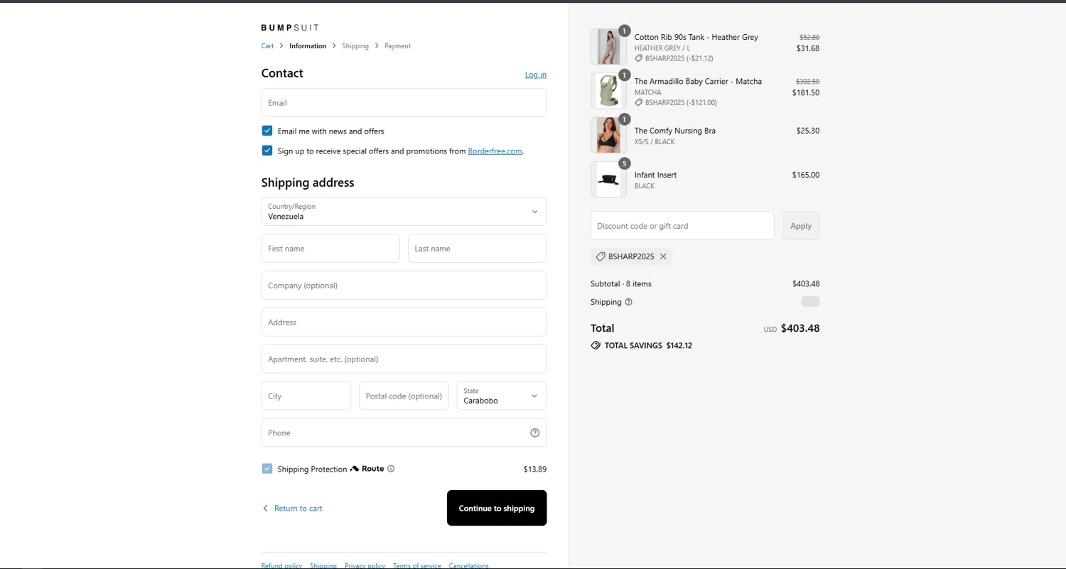 Bumpsuit discount code screenshot showing code BSHARP2025 applied at Bumpsuit checkout page. Uploaded by SimplyCodes community member vctr7w7x on Jul 28, 2025