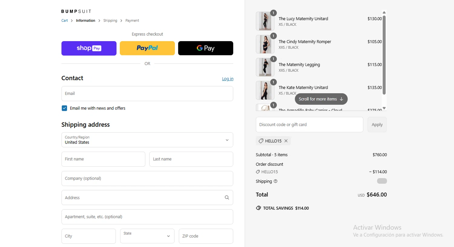 Bumpsuit discount code screenshot showing code HELLO15 applied at Bumpsuit checkout page. Uploaded by SimplyCodes community member alexcoleman on May 14, 2025