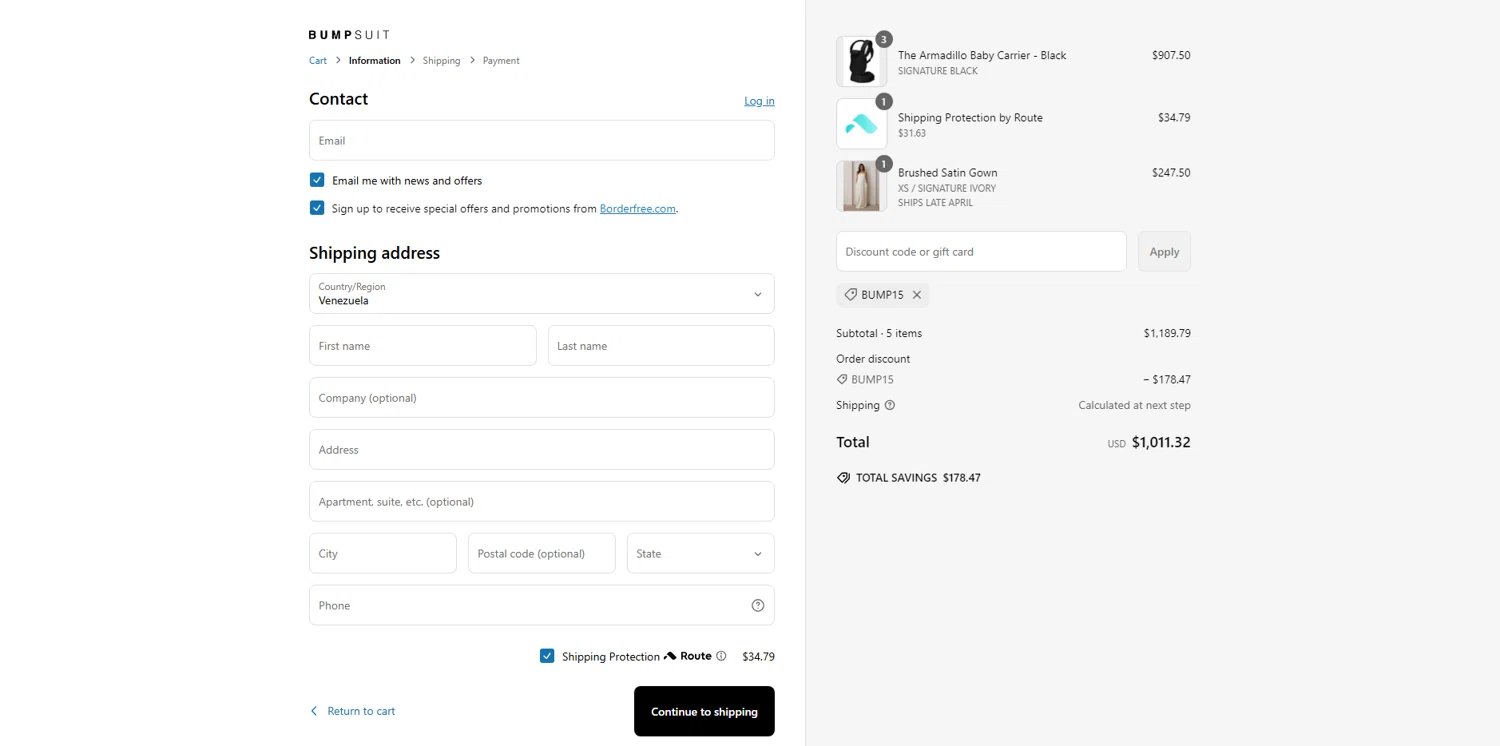 Bumpsuit discount code screenshot showing code BUMP15 applied at Bumpsuit checkout page. Uploaded by SimplyCodes community member Dorothy on Mar 9, 2025