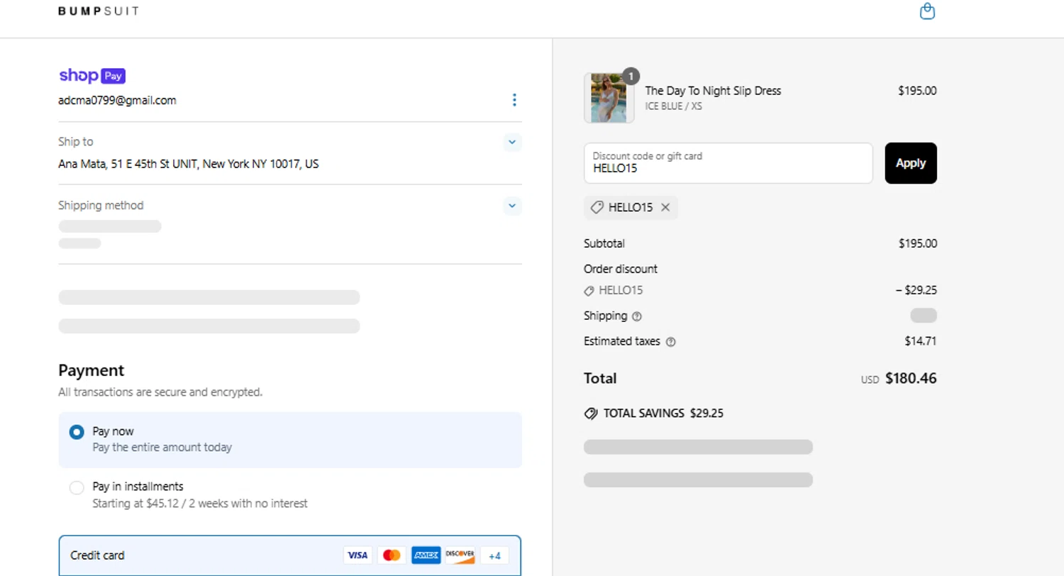 Bumpsuit discount code screenshot showing code HELLO15 applied at Bumpsuit checkout page. Uploaded by SimplyCodes community member peachee on May 10, 2025