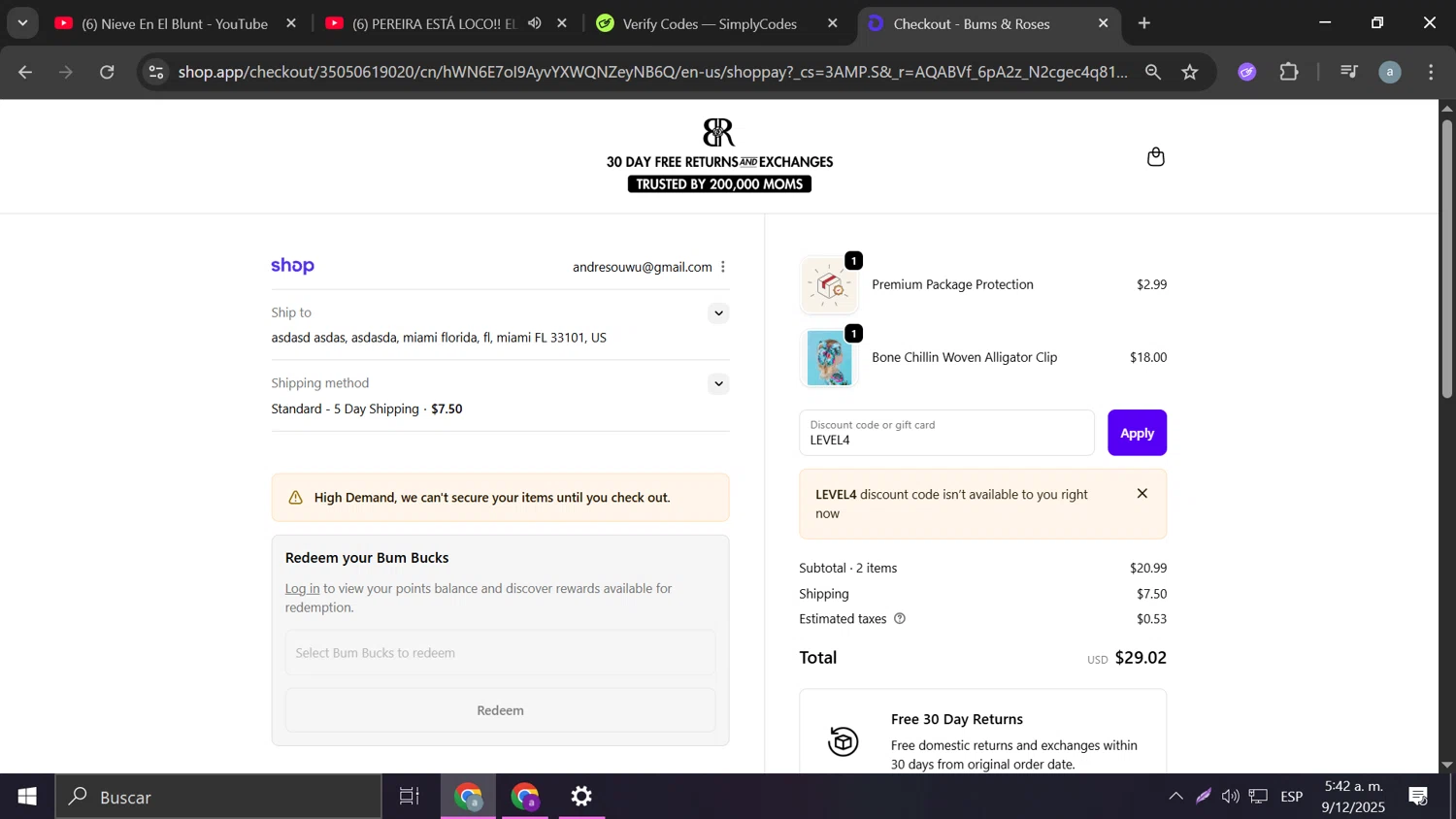 Bums & Roses discount code screenshot showing code LEVEL4 applied at Bums & Roses checkout page. Uploaded by SimplyCodes community member Frizk_1 on Dec 9, 2025