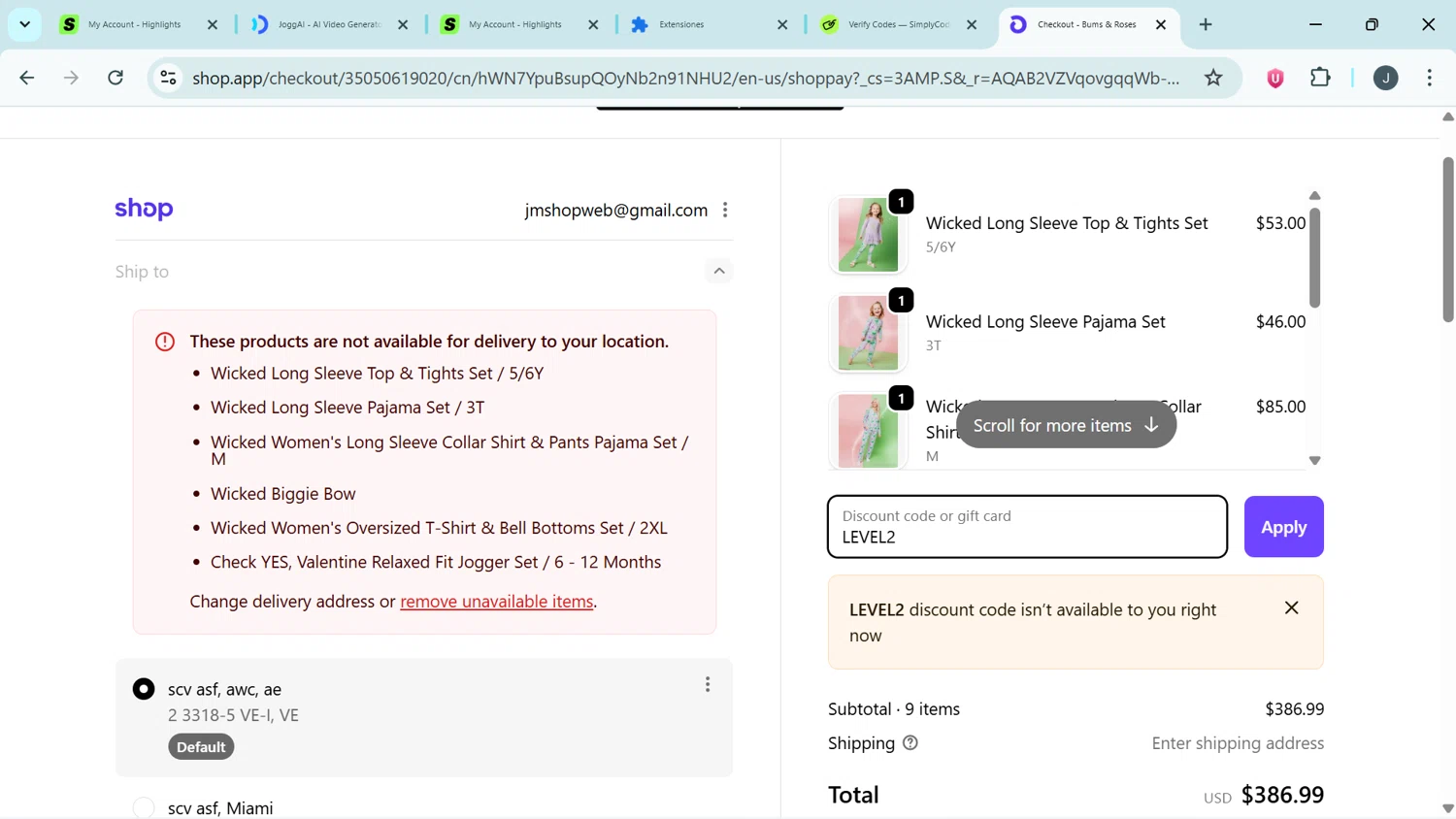 Bums & Roses discount code screenshot showing code LEVEL2 applied at Bums & Roses checkout page. Uploaded by SimplyCodes community member APOLOMONEY on Jan 13, 2026