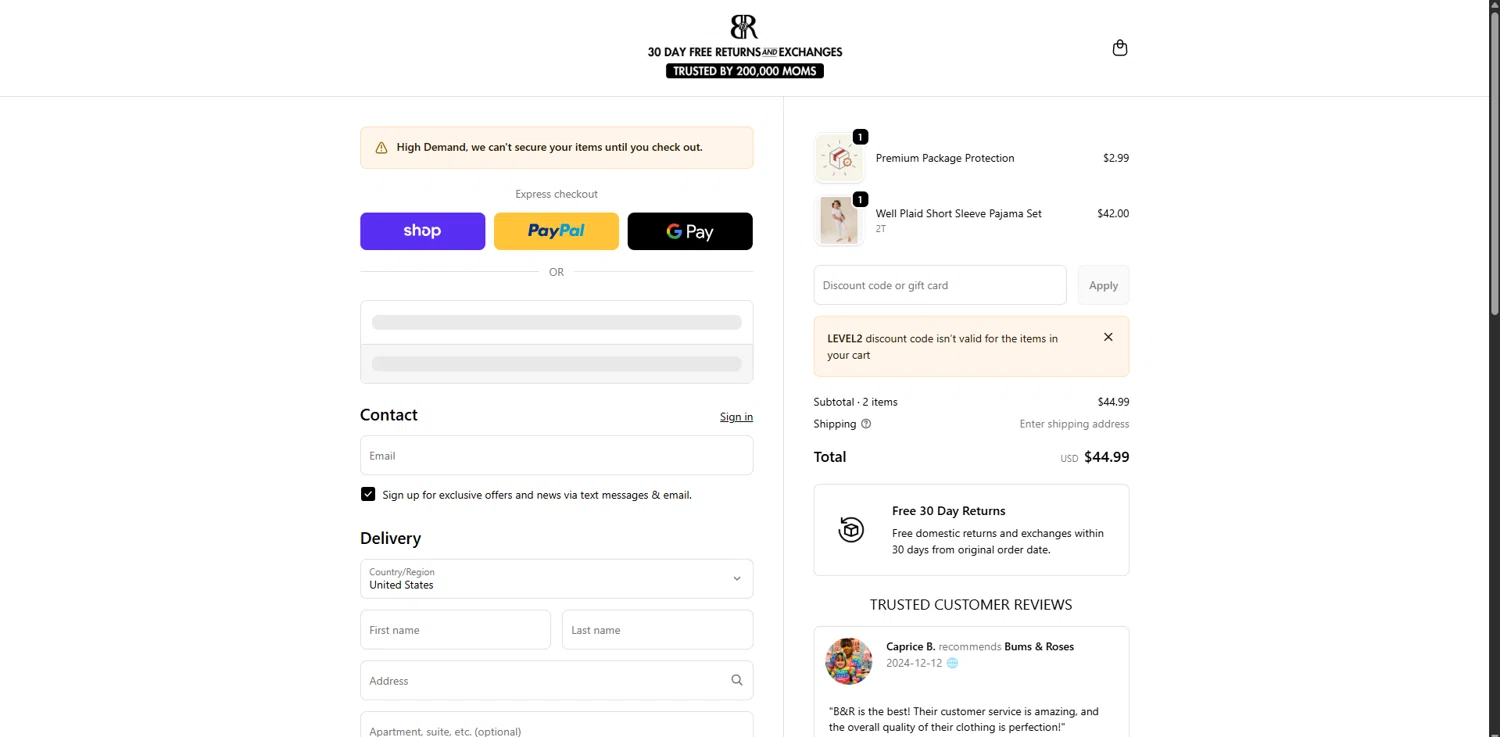 Bums & Roses checkout page showing Bums & Roses discount code box | Screenshot taken by SimplyCodes community member on Feb 18, 2026