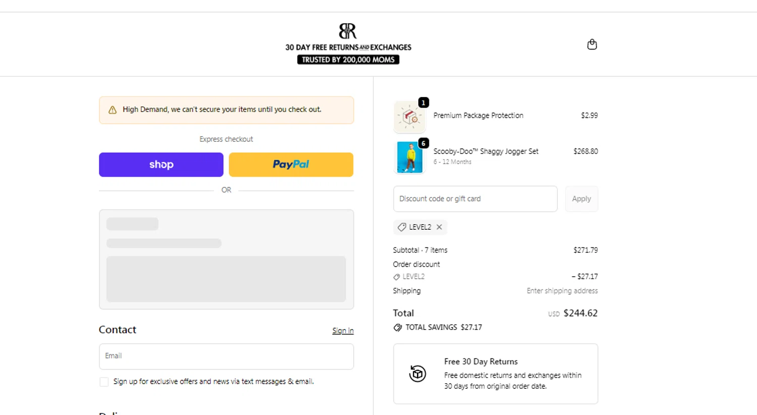 Bums & Roses discount code screenshot showing code LEVEL2 applied at Bums & Roses checkout page. Uploaded by SimplyCodes community member obito1234 on Dec 9, 2025