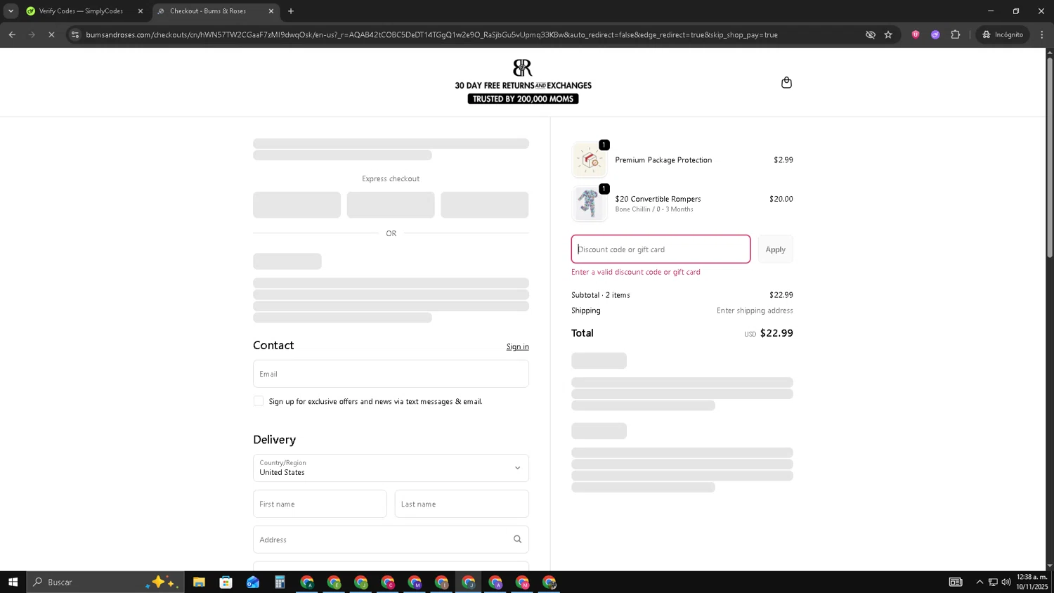 Bums & Roses discount code screenshot showing code LEVEL3 applied at Bums & Roses checkout page. Uploaded by SimplyCodes community member AVATIGRITO on Nov 10, 2025