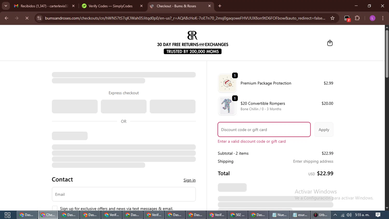 Bums & Roses discount code screenshot showing code WELCOME2BAMBOO applied at Bums & Roses checkout page. Uploaded by SimplyCodes community member RewardScout5160 on Nov 10, 2025
