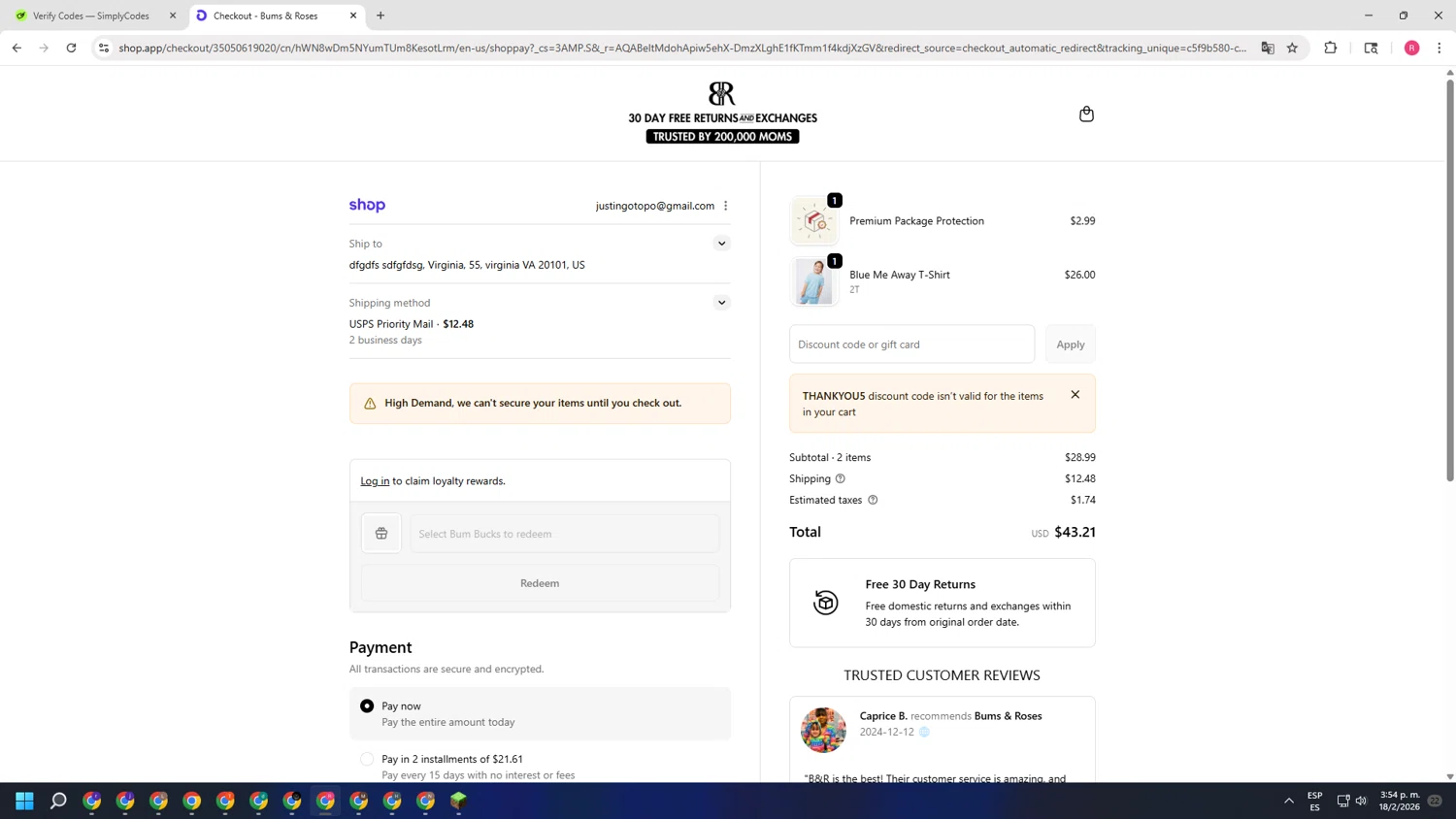 Bums & Roses checkout page showing Bums & Roses discount code box | Screenshot taken by SimplyCodes community member on Feb 18, 2026
