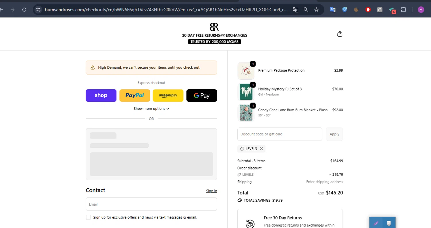 Bums & Roses discount code screenshot showing code LEVEL3 applied at Bums & Roses checkout page. Uploaded by SimplyCodes community member CleverCurator2158 on Dec 9, 2025