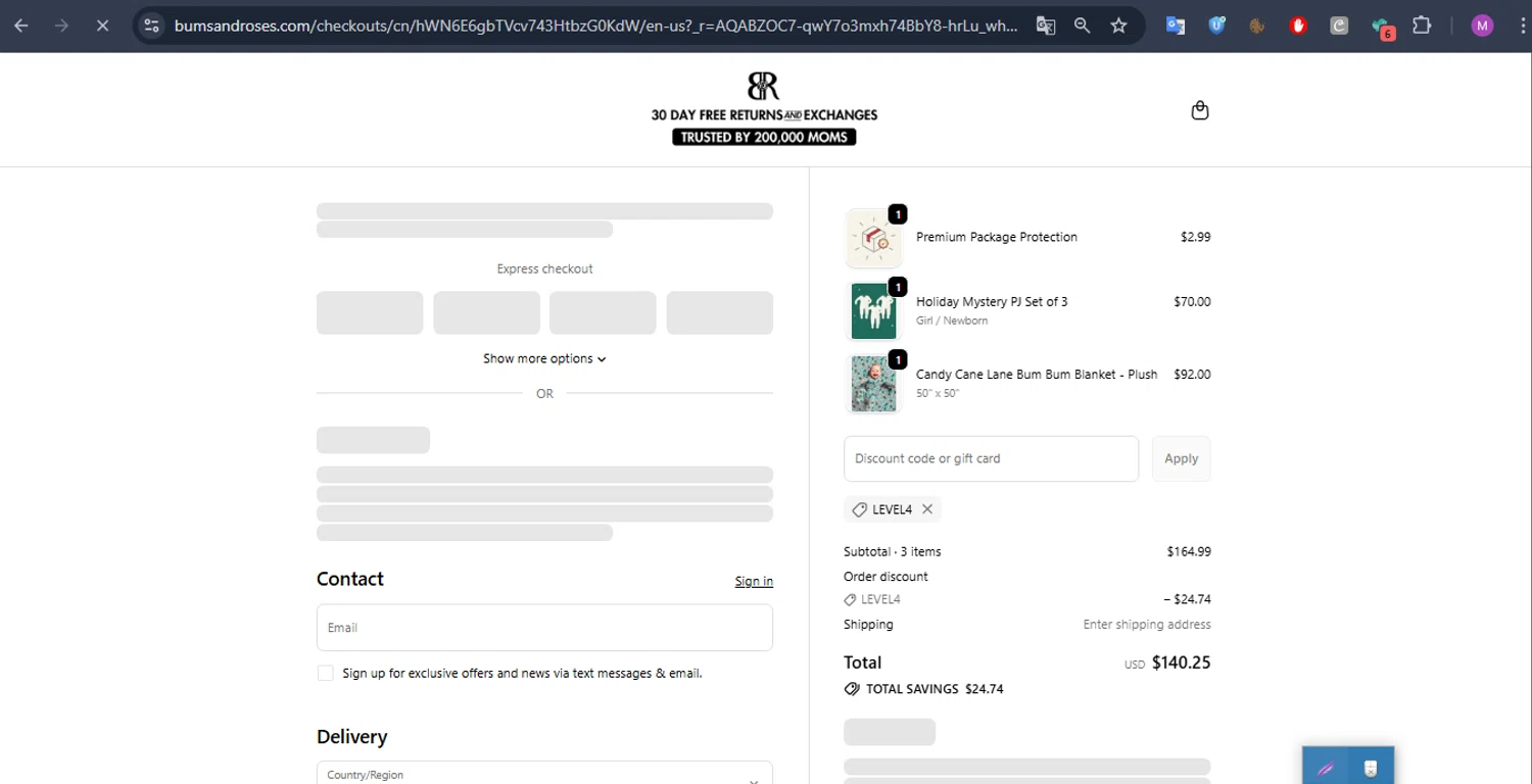 Bums & Roses discount code screenshot showing code level4 applied at Bums & Roses checkout page. Uploaded by SimplyCodes community member CoinMaven895 on Dec 9, 2025