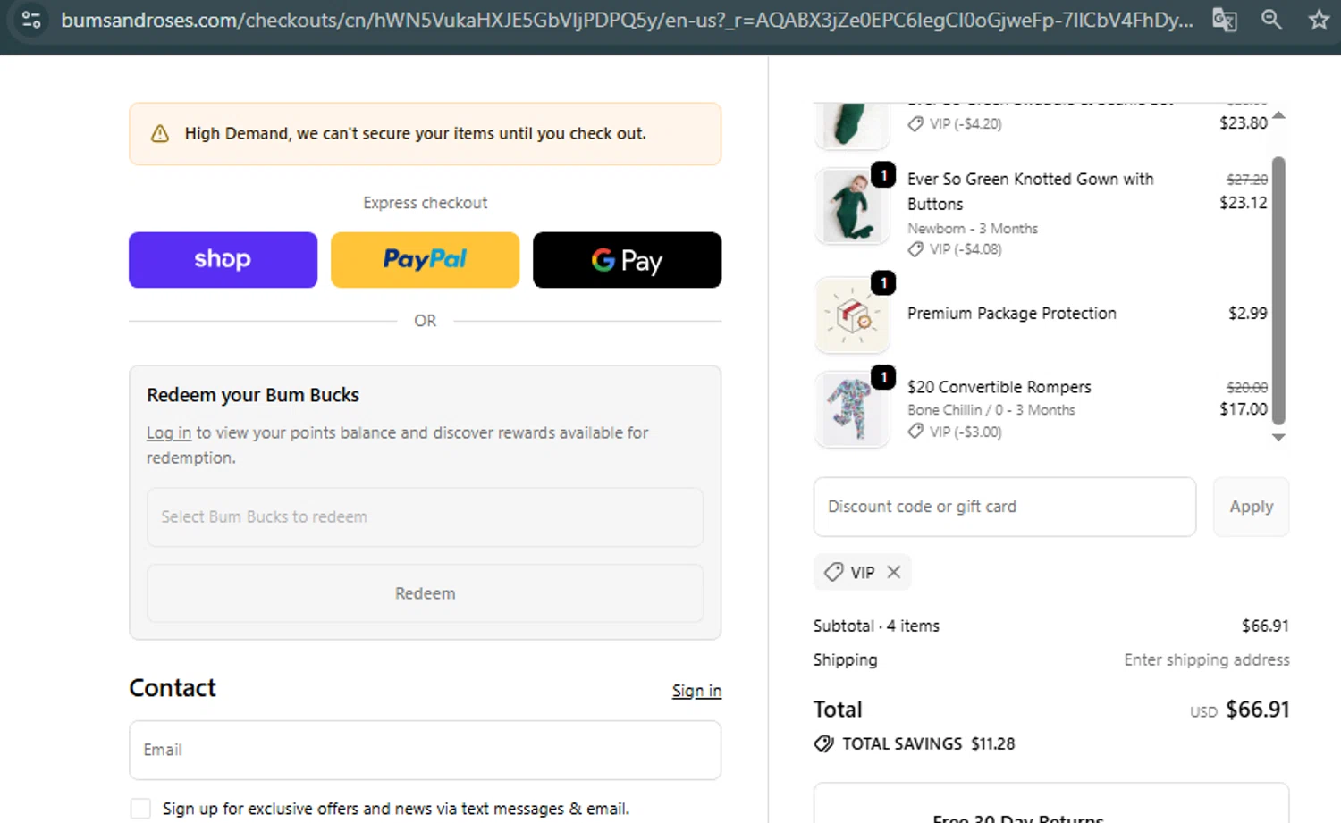 Bums & Roses discount code screenshot showing code VIP applied at Bums & Roses checkout page. Uploaded by SimplyCodes community member Jhonny on Nov 20, 2025