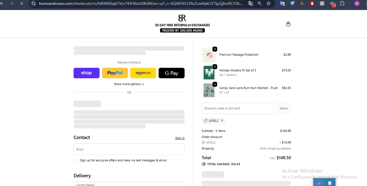 Bums & Roses discount code screenshot showing code LEVEL2 applied at Bums & Roses checkout page. Uploaded by SimplyCodes community member WonderHawk4272 on Dec 9, 2025