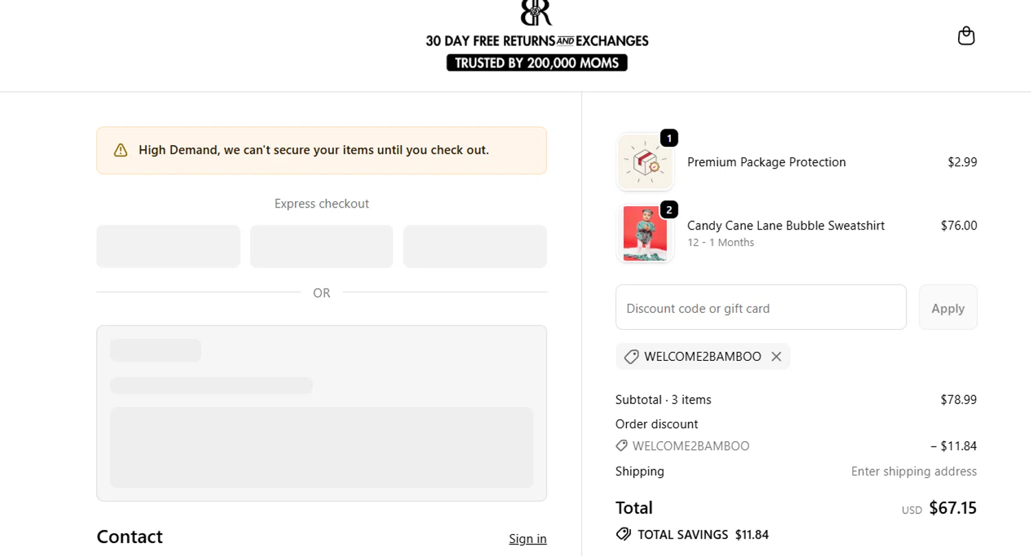 Bums & Roses discount code screenshot showing code WELCOME2BAMBOO applied at Bums & Roses checkout page. Uploaded by SimplyCodes community member jesspea on Dec 6, 2025