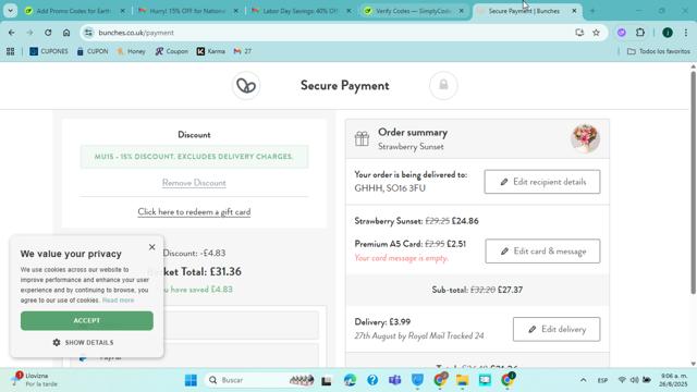 Bunches checkout page showing Bunches promo code box | Screenshot taken by SimplyCodes community member on Aug 26, 2025