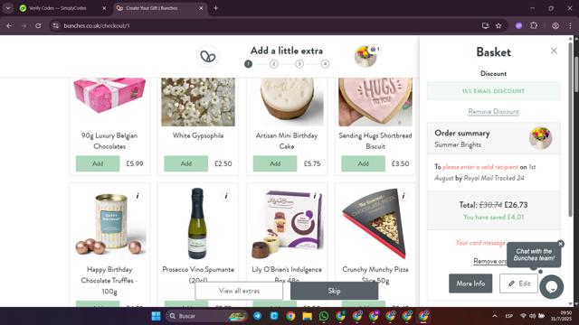 Bunches checkout page showing Bunches promo code box | Screenshot taken by SimplyCodes community member on Jul 31, 2025