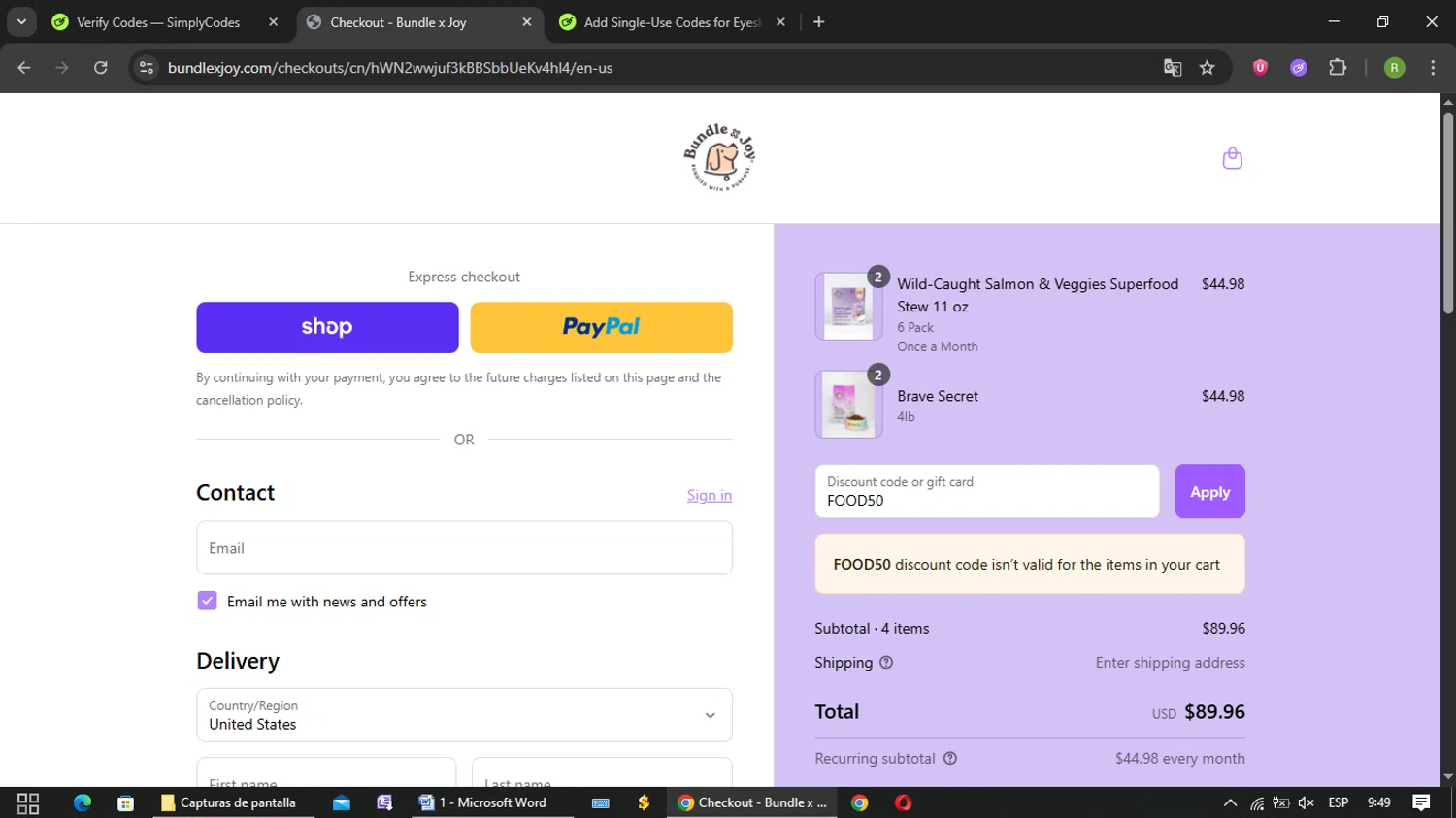 Bundle x Joy promo code screenshot showing code FOOD50 applied at Bundle x Joy checkout page. Uploaded by SimplyCodes community member Kulomii on Sep 14, 2025