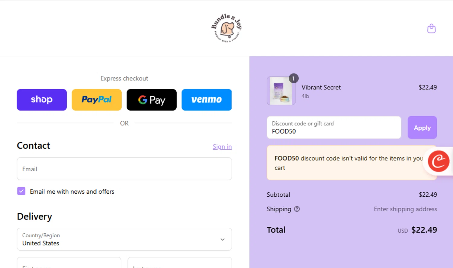 Bundle x Joy promo code screenshot showing code FOOD50 applied at Bundle x Joy checkout page. Uploaded by SimplyCodes community member delvisgomez on Sep 14, 2025