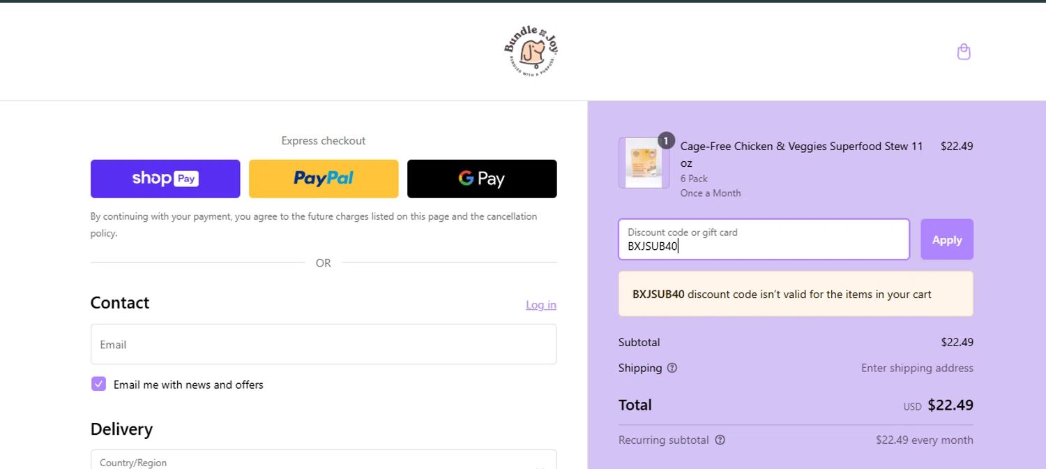 Bundle x Joy promo code screenshot showing code BXJSUB40 applied at Bundle x Joy checkout page. Uploaded by SimplyCodes community member alfock22 on Feb 23, 2025