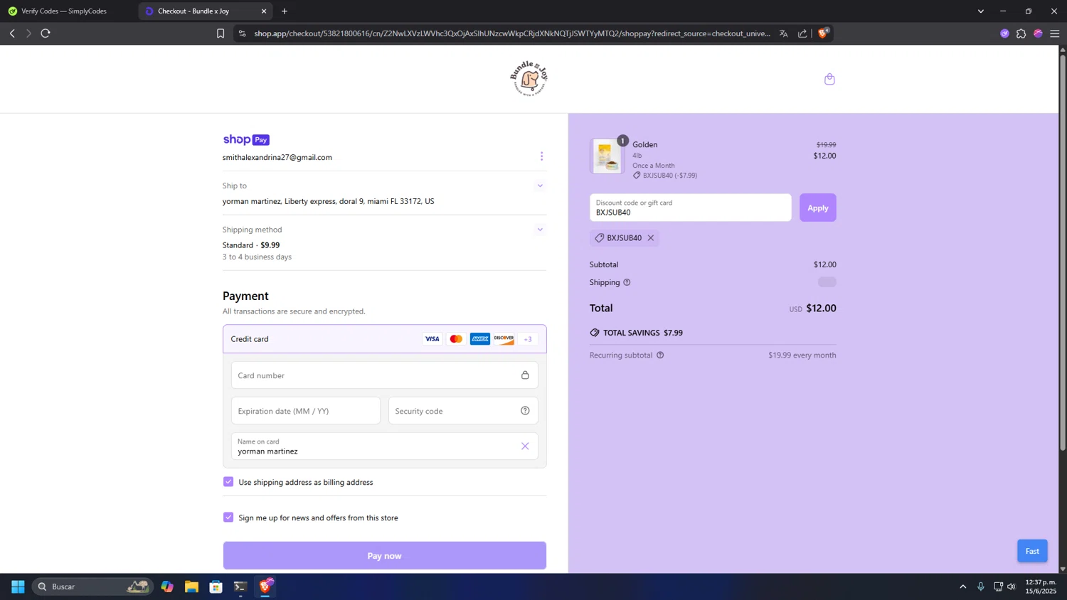 Bundle x Joy promo code screenshot showing code BXJSUB40 applied at Bundle x Joy checkout page. Uploaded by SimplyCodes community member INSECTOS on Jun 15, 2025