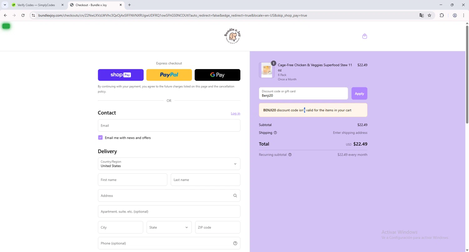 Bundle x Joy promo code screenshot showing code Benji20 applied at Bundle x Joy checkout page. Uploaded by SimplyCodes community member SALCHICHA on Mar 28, 2025