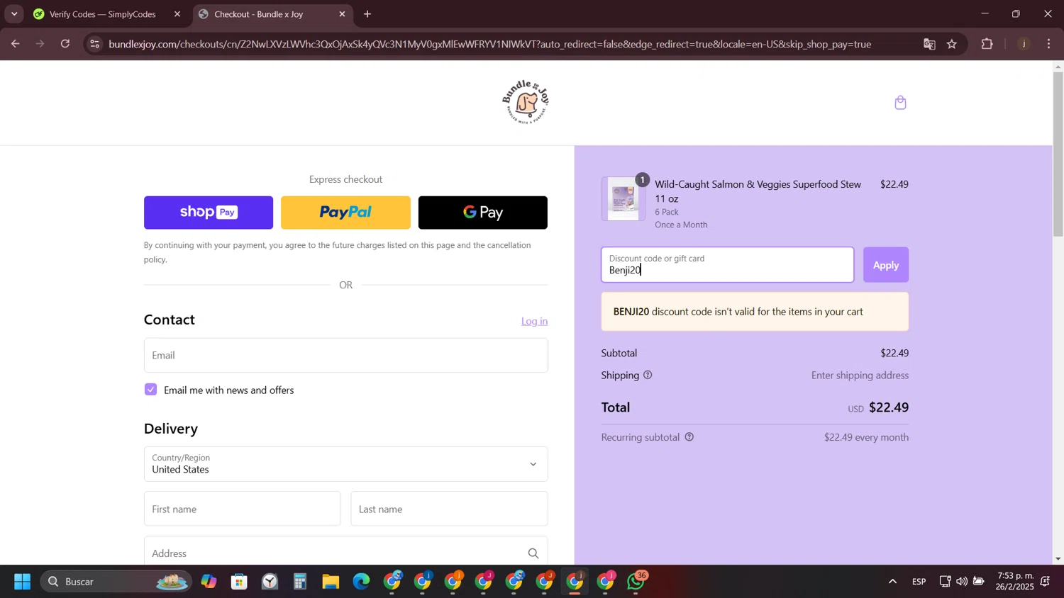 Bundle x Joy promo code screenshot showing code Benji20 applied at Bundle x Joy checkout page. Uploaded by SimplyCodes community member VictoriousVirtuoso7711 on Feb 26, 2025