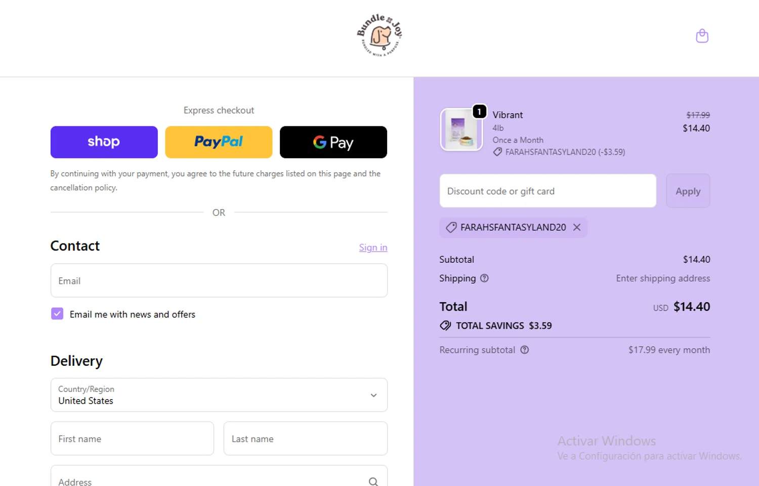Bundle x Joy promo code screenshot showing code FARAHSFANTASYLAND20 applied at Bundle x Joy checkout page. Uploaded by SimplyCodes community member Gary_23 on Dec 10, 2025