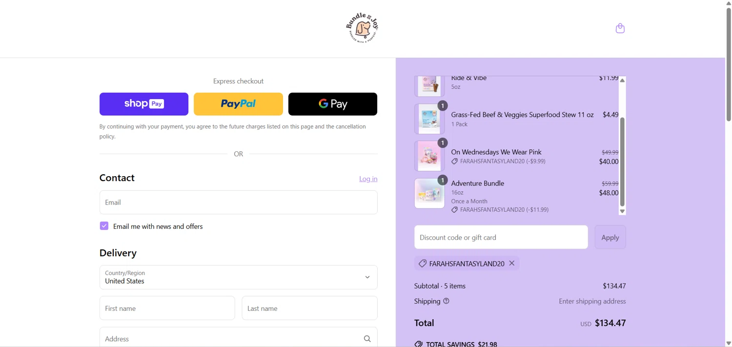 Bundle x Joy promo code screenshot showing code FARAHSFANTASYLAND20 applied at Bundle x Joy checkout page. Uploaded by SimplyCodes community member HoneyJean on Jun 15, 2025