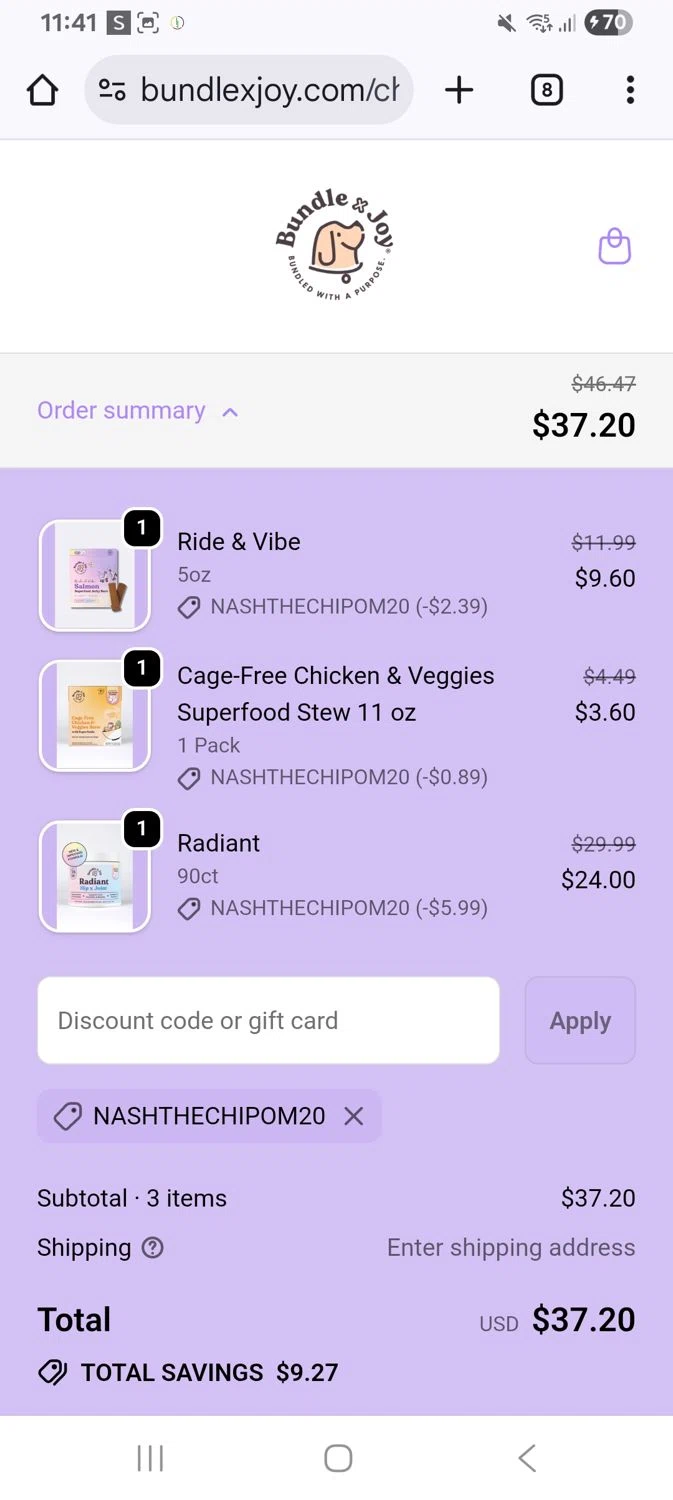 Bundle x Joy promo code screenshot showing code Nashthechipom20 applied at Bundle x Joy checkout page. Uploaded by SimplyCodes community member KarinaHZ on Dec 22, 2025