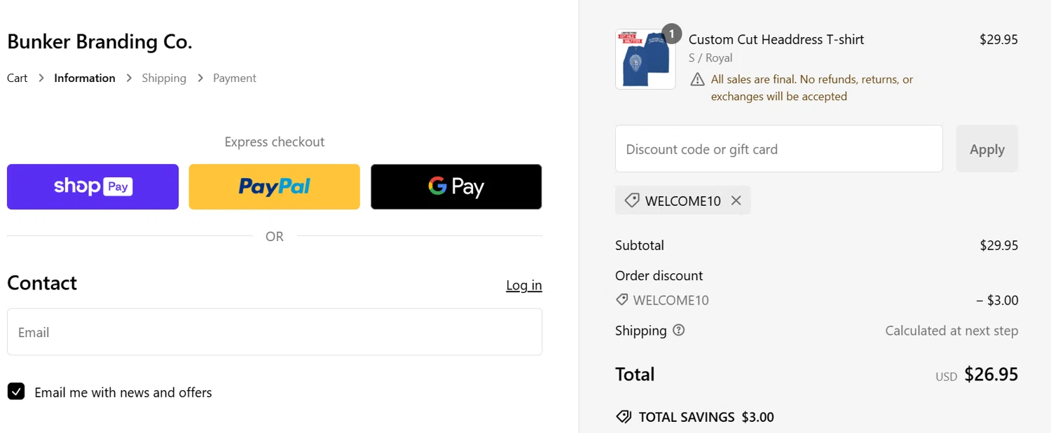 Bunker Branding discount code screenshot showing code WELCOME10 applied at Bunker Branding checkout page. Uploaded by SimplyCodes community member Gaby04 on Jan 20, 2025