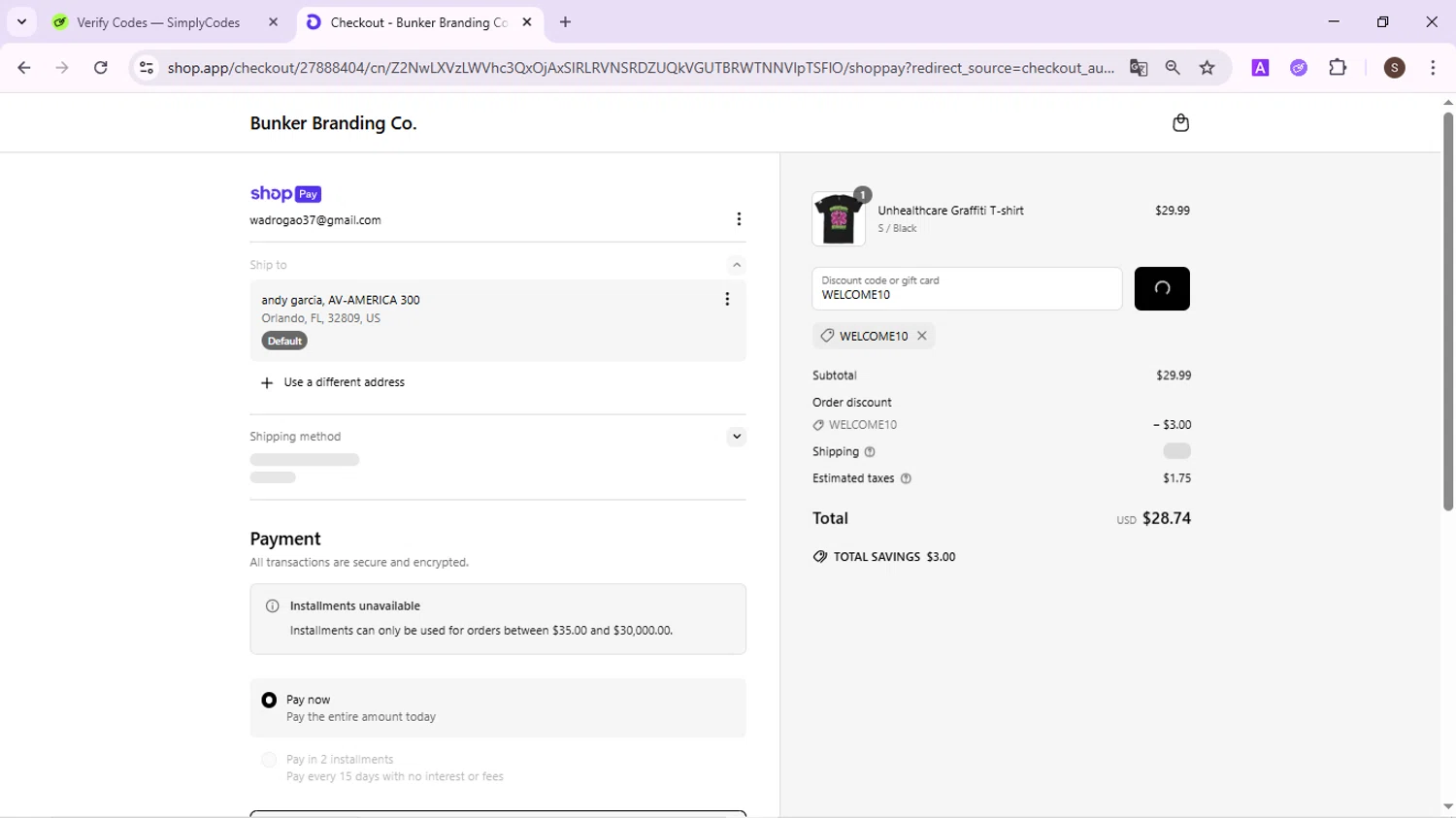Bunker Branding discount code screenshot showing code WELCOME10 applied at Bunker Branding checkout page. Uploaded by SimplyCodes community member BudgetMaven6078 on May 6, 2025