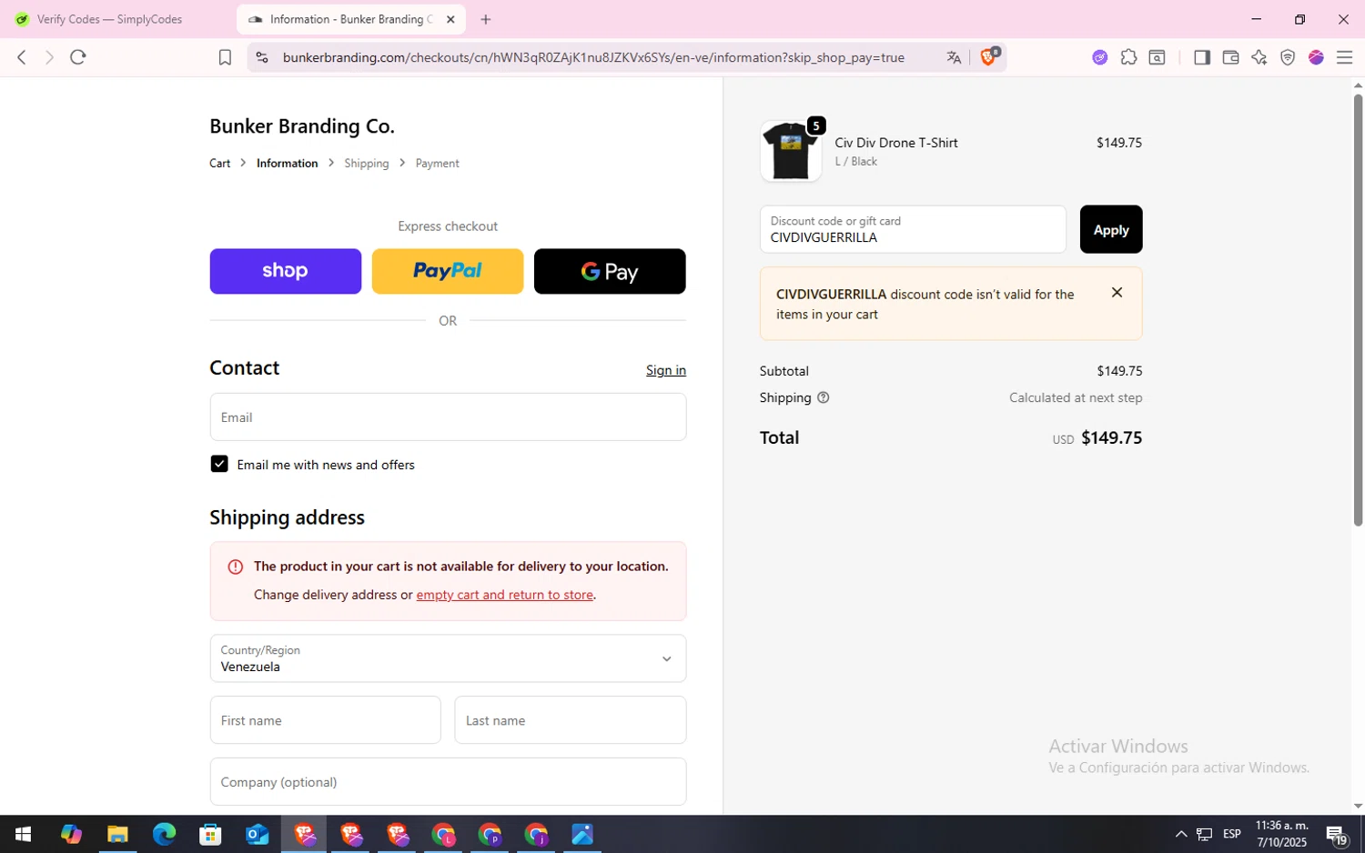 Bunker Branding discount code screenshot showing code CIVDIVGUERRILLA applied at Bunker Branding checkout page. Uploaded by SimplyCodes community member CodeLynx5272 on Oct 7, 2025