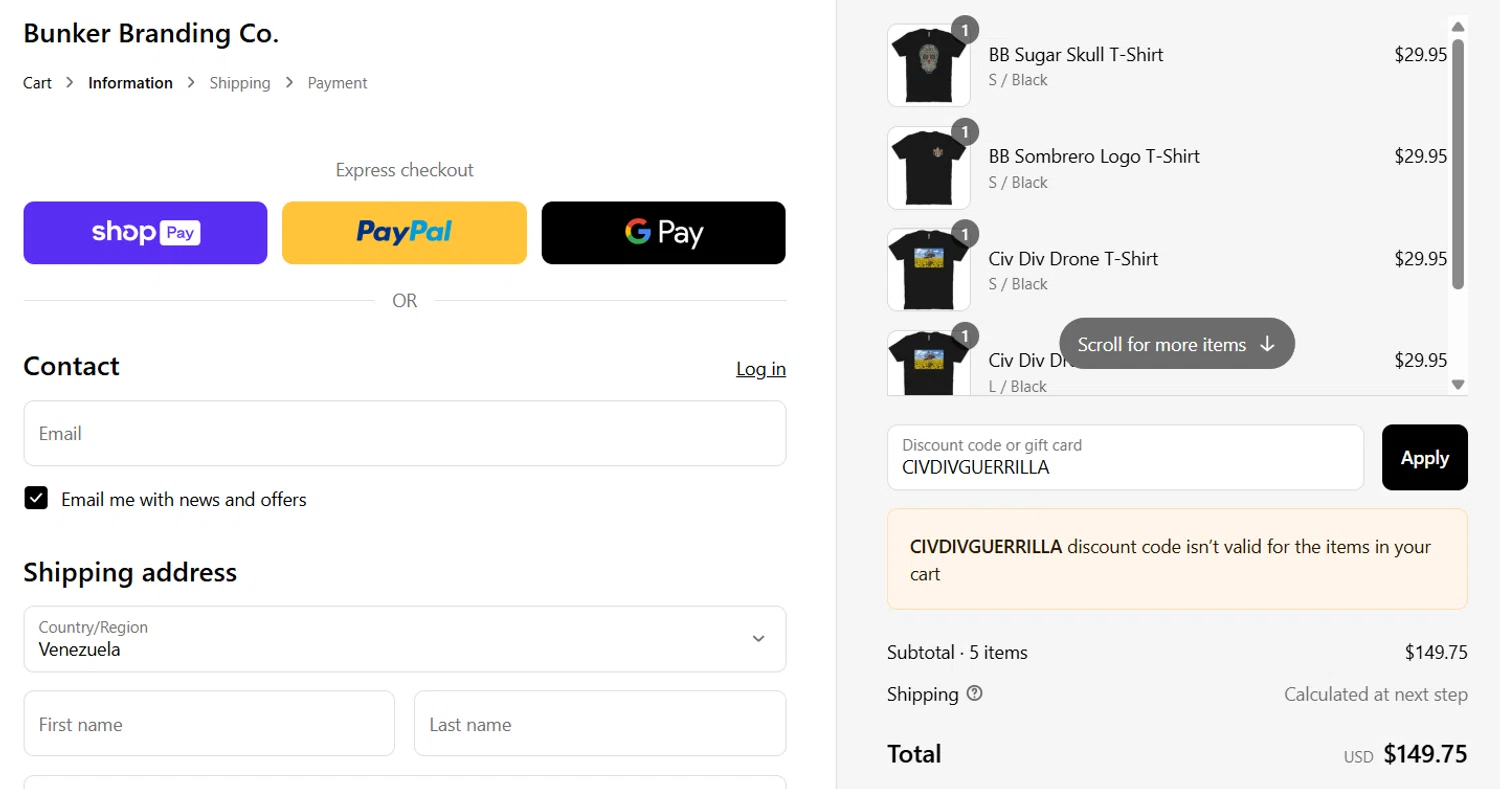 Bunker Branding discount code screenshot showing code CIVDIVGUERRILLA applied at Bunker Branding checkout page. Uploaded by SimplyCodes community member Gray_75 on Apr 9, 2025
