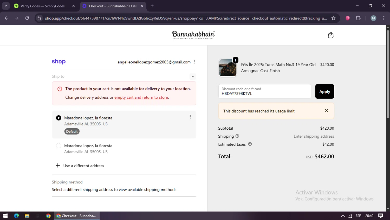 Bunnahabhain promo code screenshot showing code HBDAY739BKTVL applied at Bunnahabhain checkout page. Uploaded by SimplyCodes community member maraxo on Nov 2, 2025