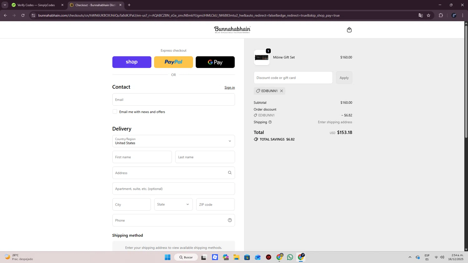 Bunnahabhain promo code screenshot showing code EDIBunn1 applied at Bunnahabhain checkout page. Uploaded by SimplyCodes community member SmartWizard8062 on Dec 16, 2025
