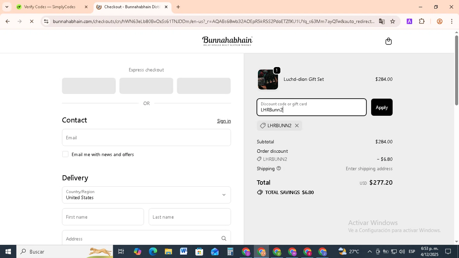 Bunnahabhain promo code screenshot showing code LHRBunn2 applied at Bunnahabhain checkout page. Uploaded by SimplyCodes community member RebateCollector5909 on Dec 4, 2025
