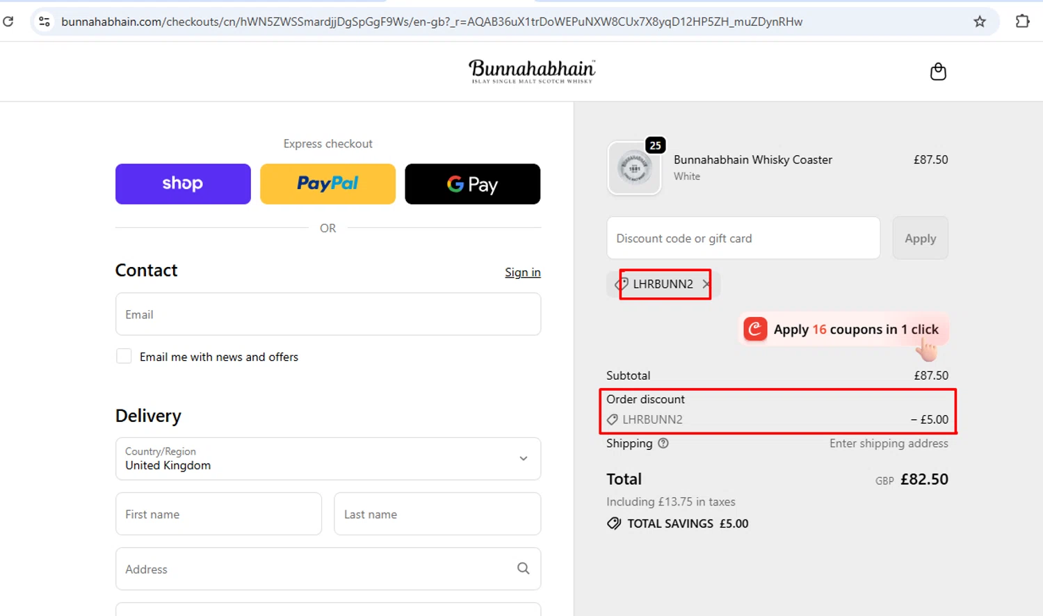 Bunnahabhain promo code screenshot showing code LHRBunn2 applied at Bunnahabhain checkout page. Uploaded by SimplyCodes community member nileskamarcano on Nov 22, 2025