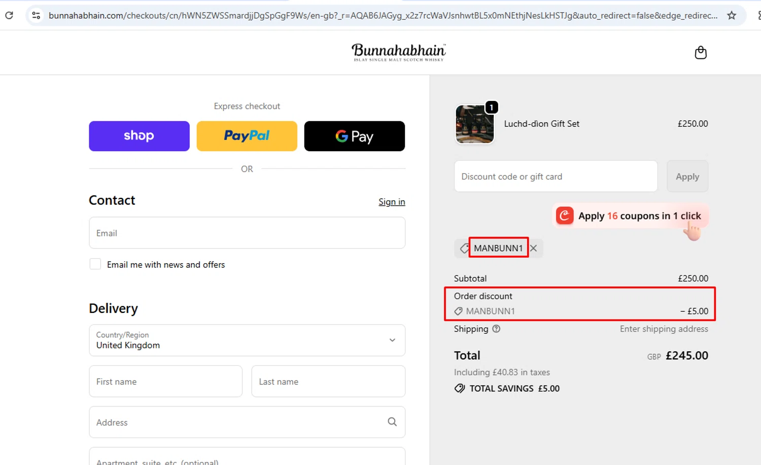 Bunnahabhain promo code screenshot showing code MANBUNN1 applied at Bunnahabhain checkout page. Uploaded by SimplyCodes community member nileskamarcano on Nov 22, 2025
