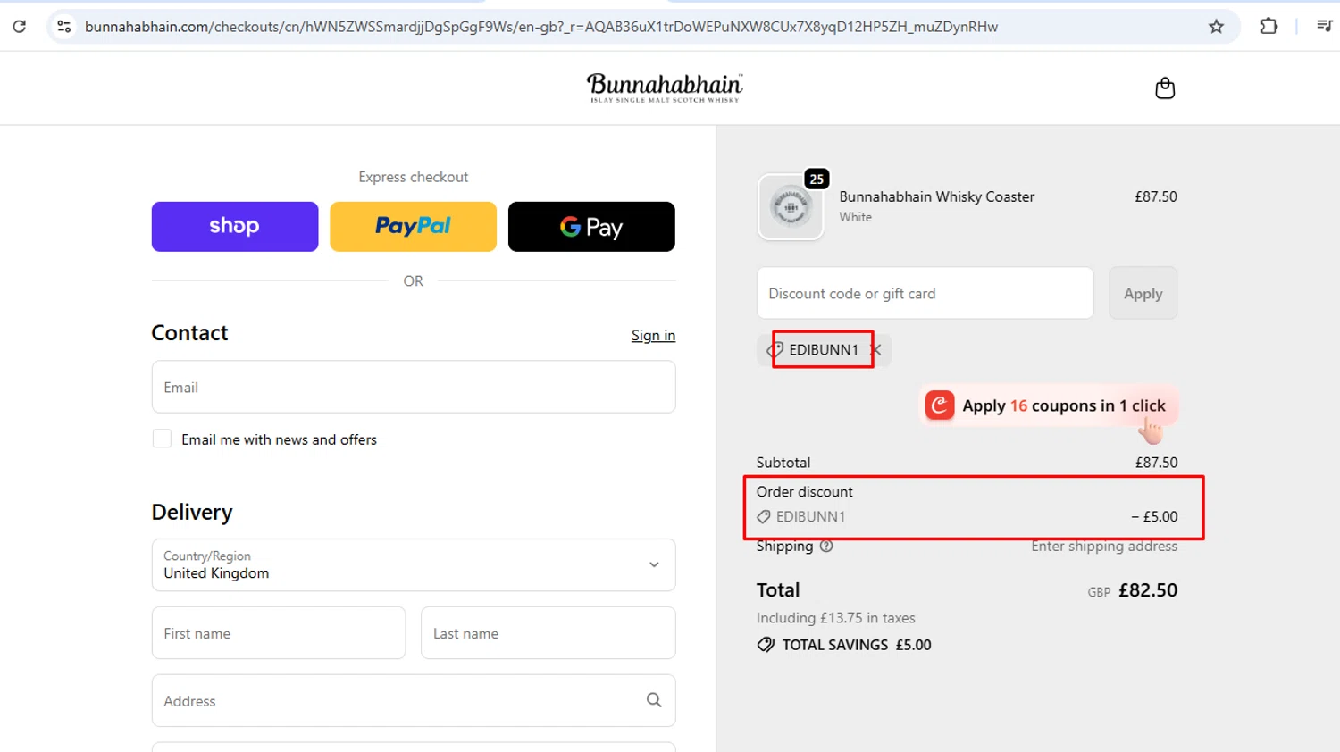 Bunnahabhain promo code screenshot showing code EDIBunn1 applied at Bunnahabhain checkout page. Uploaded by SimplyCodes community member nileskamarcano on Nov 22, 2025